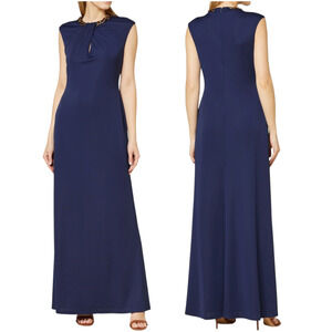 LRL Ralph Lauren Maxi Dress Gown sz 6 Women Navy Blue Jersey Stretch Chain NEW‎